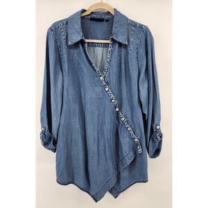 T&W Designs Blue Asymmetrical Button Front Denim Tunic Top Size L
